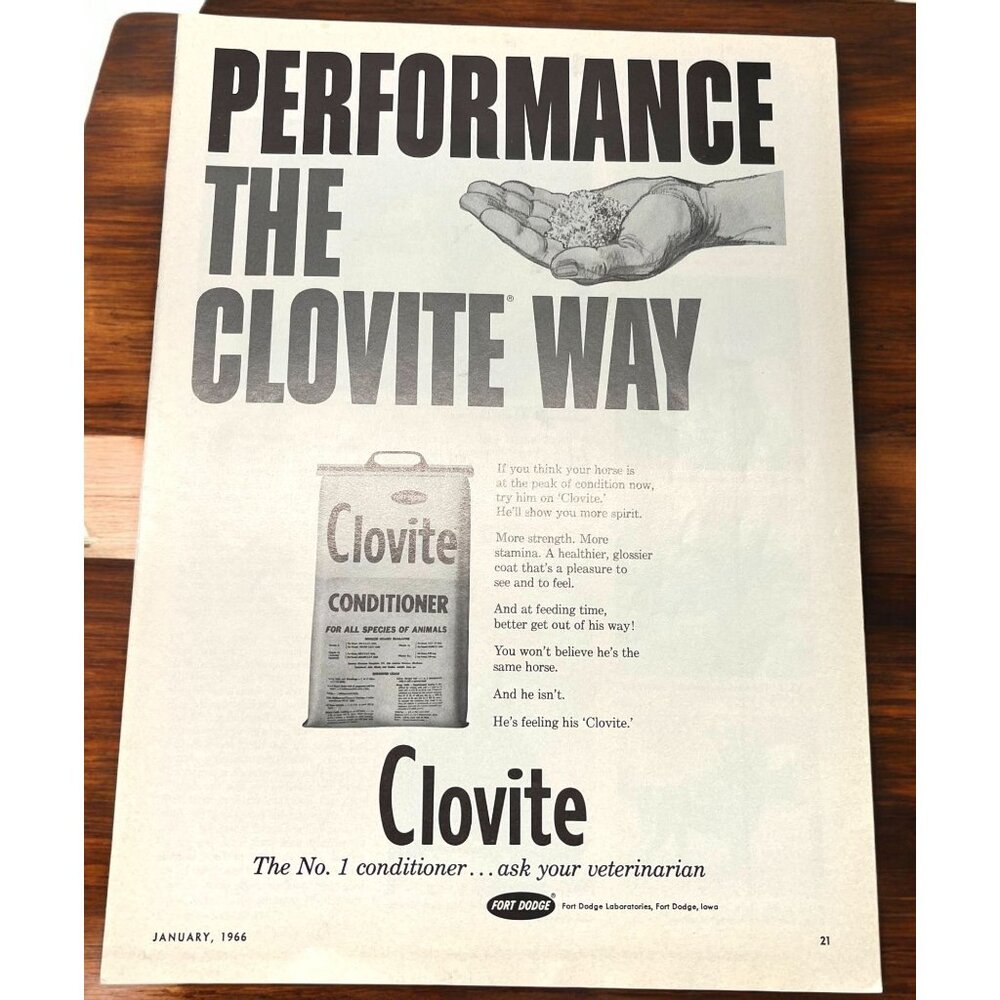 Clovite Horse Conditioner Vintage Print Ad 1960s Fort Dodge IA Animal Care
